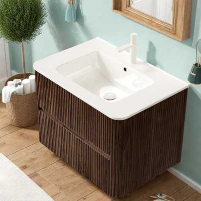 Meuble-lavabo flottant moderne avec lavabo, céramique blanche brillante, finition noyer rétro