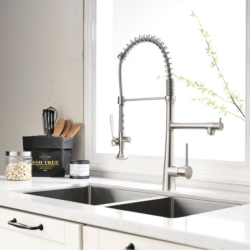Spot Brushed Nickel Kitchen Faucet With Commercial Style And Pre-Rinse Spring High Arc Single Handle Ceramic Disk Filler In Finish