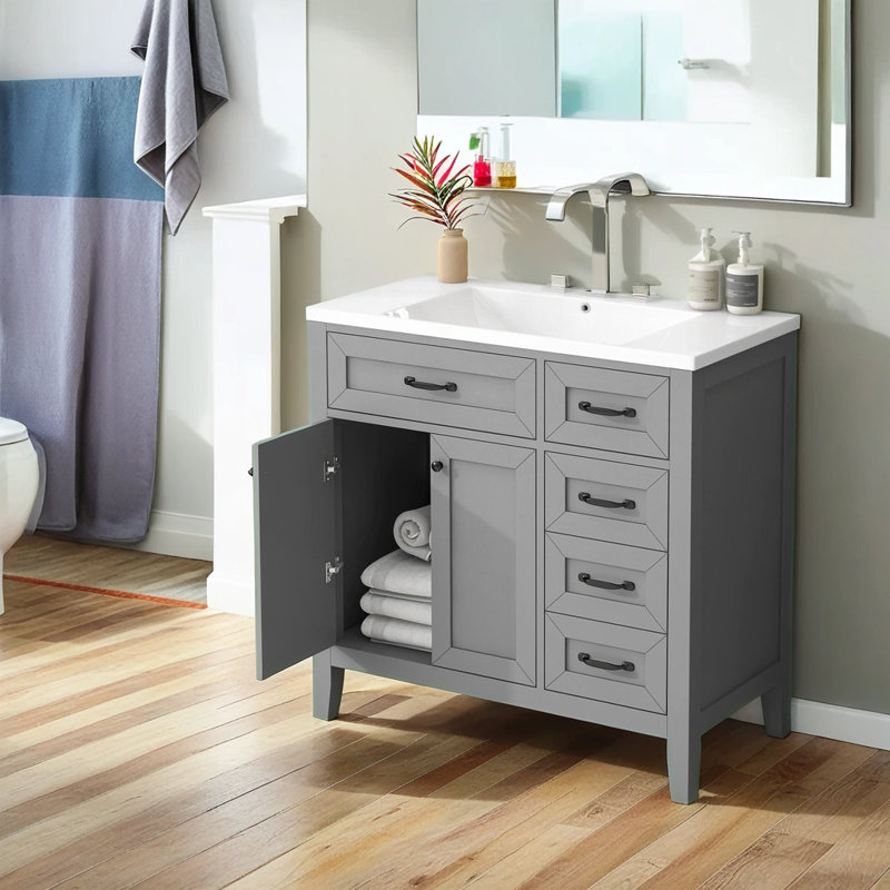 Meuble-lavabo simple avec plateau en céramique 35,98 po Raynier, Gris, Noir mat