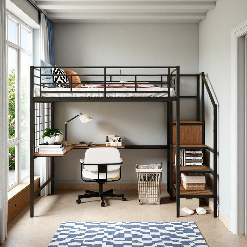 Full Size Metal Loft Bed With Built-In Desk, Black