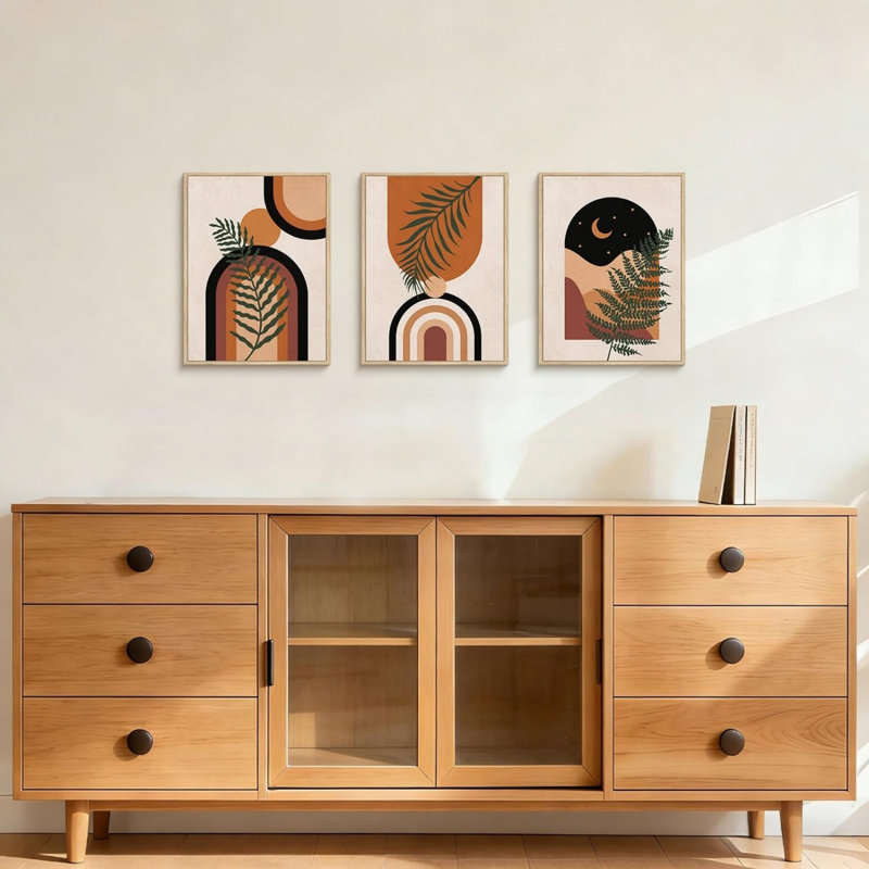 Orange Geometric Framed Canvas 40 x 30 cm, 3 Piece Sun Moon Wall Art