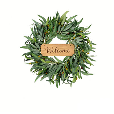 Olive Wreath With a Welcome Sign for Front Door 21.5 inch, Greenery All Season Wreath with Olive Leaf Fruit, Home Decoration for Outdoor Living Room Indoor Wall and Outside Summer All Season Wedding