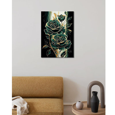 Art mural émeraude fleur verte or émeraude rose décoration murale moderne, impression sur toile, peinture, œuvre d'art pour chambre à coucher, décor de maison, encadrée