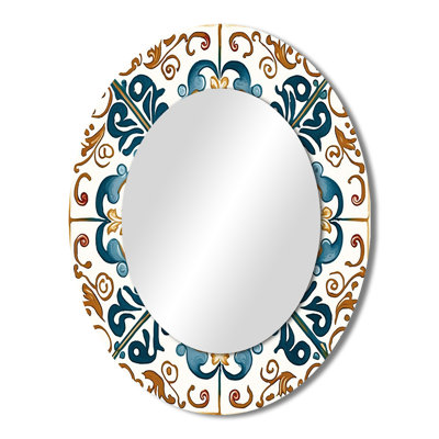 Mediterranean Tiles In Retro Blue VI - Tile Decorative Mirror, Blue Wall Mirror, Printed Metal Art