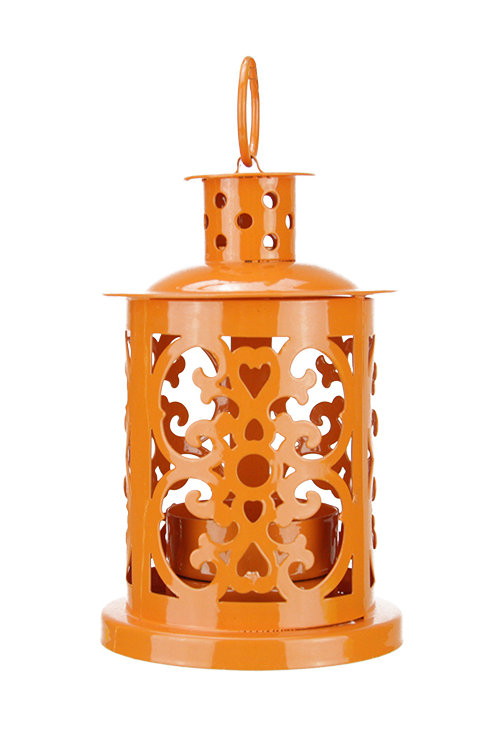 5.5" Shiny Mini Votive or Tealight Candle Holder Lantern with Dot and Scroll Cutouts, Orange