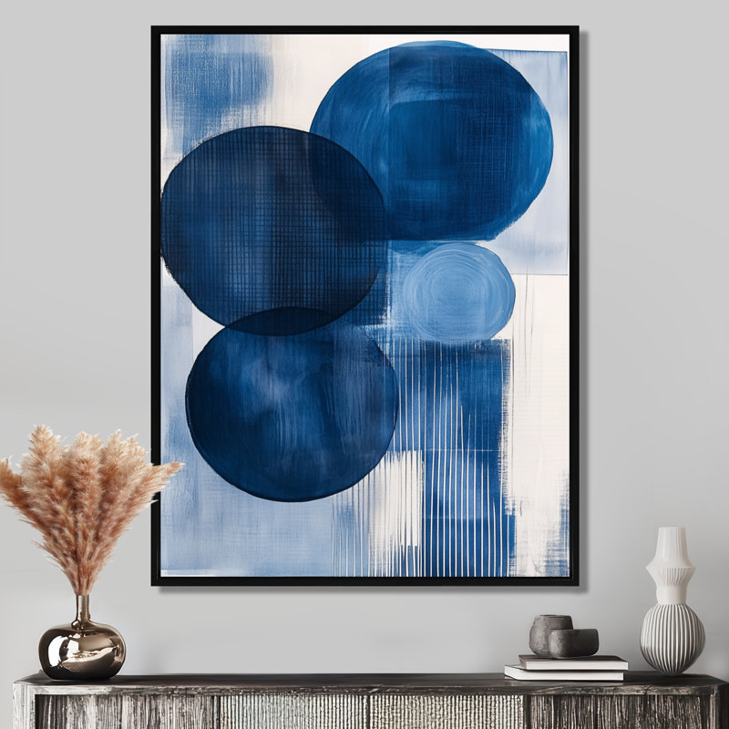 Toile bleue et grise, art mural abstrait géométrique, cercles et grilles abstraits apaisants dans des tons froids