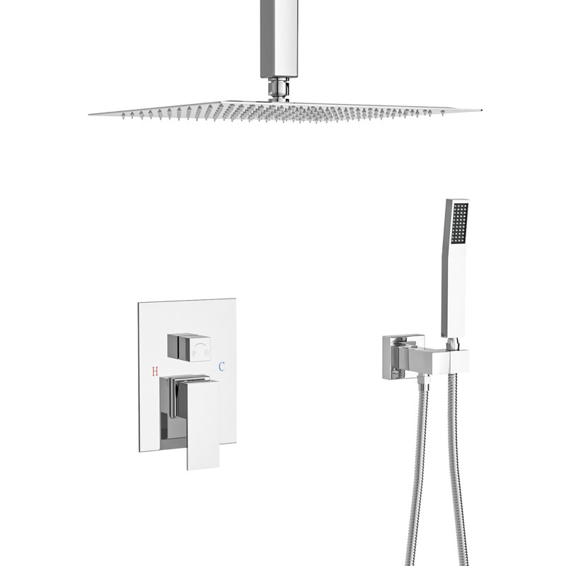 Pomme de douche double - Plafonnier carré de 16 po avec valve équilibrée, pluie et installation à la chaleur facile à installer et à nettoyer de 16 po