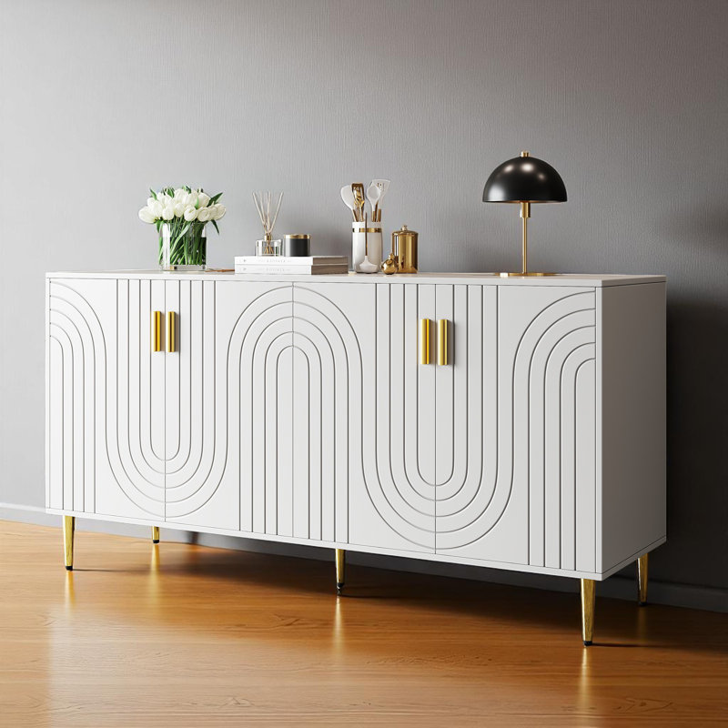 Sideboard With Unique Wave Design And Golden Handles And Feet, White
