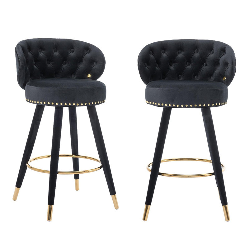 Upholstered Counter Height Bar Stools With Tufted Back, Black 