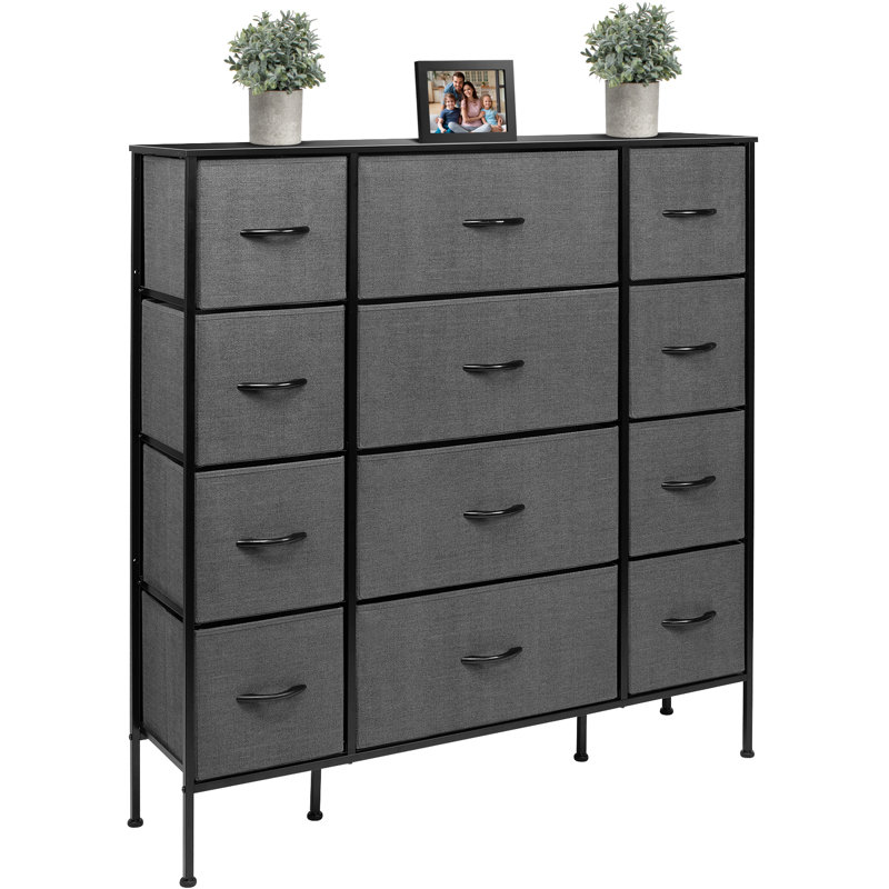 Black Steel Frame 12-Drawer Dresser with Wood Top