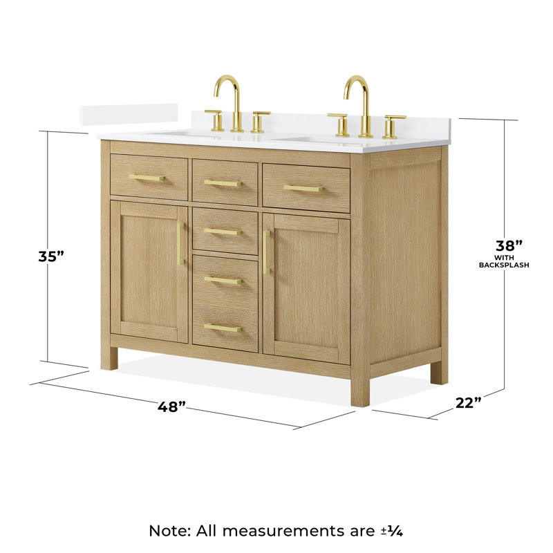 Beckett 48" Freestanding Double Bathroom Vanity with Quartz Top, Whitewashed Oak, Brushed Gold, White Quartz