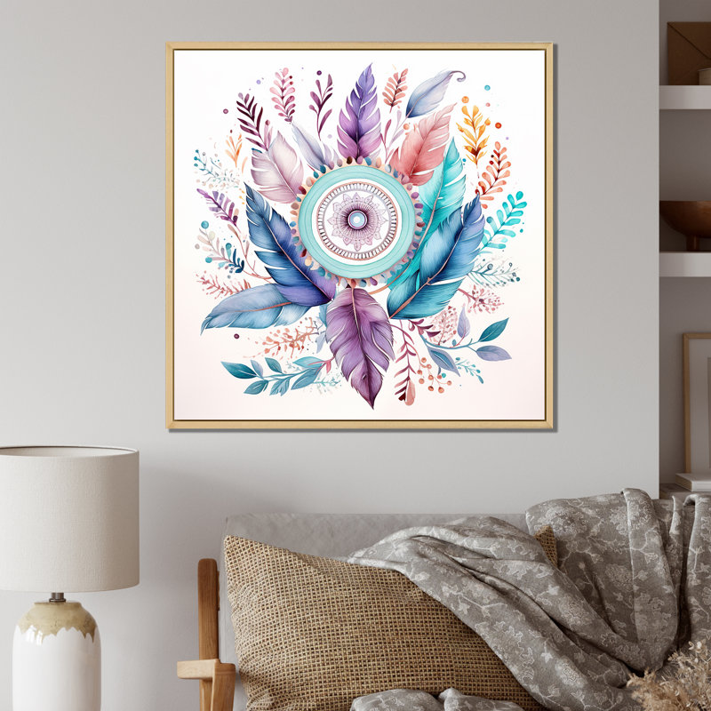 Attrape-rêves pastel turquoise Boho sur toile, Cadre naturel flottant, 16" H x 16" W