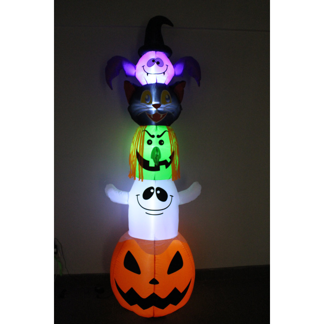 8 Foot Tall Lighted Happy Halloween Inflatable Stacked Bat, Black Cat, Witch, Ghost, and Pumpkin Indoor / Outdoor Holiday Blow Up Yard Garden Decoration The Holiday Aisle®