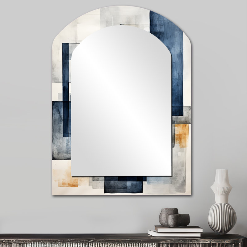 Indigo illusion formes abstraites - formes abstraites, miroir unique asymétrique, grand miroir mural gris, impression sur métal