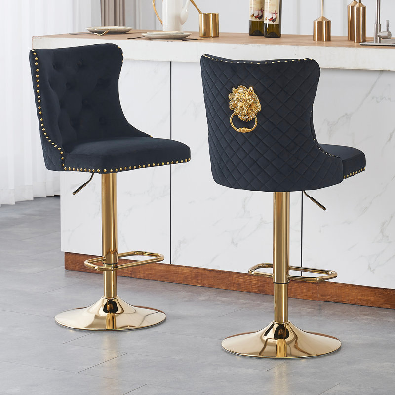 Swivel Upholstered Adjustable Height Counter Stool with Metal Frame, Black, Gold