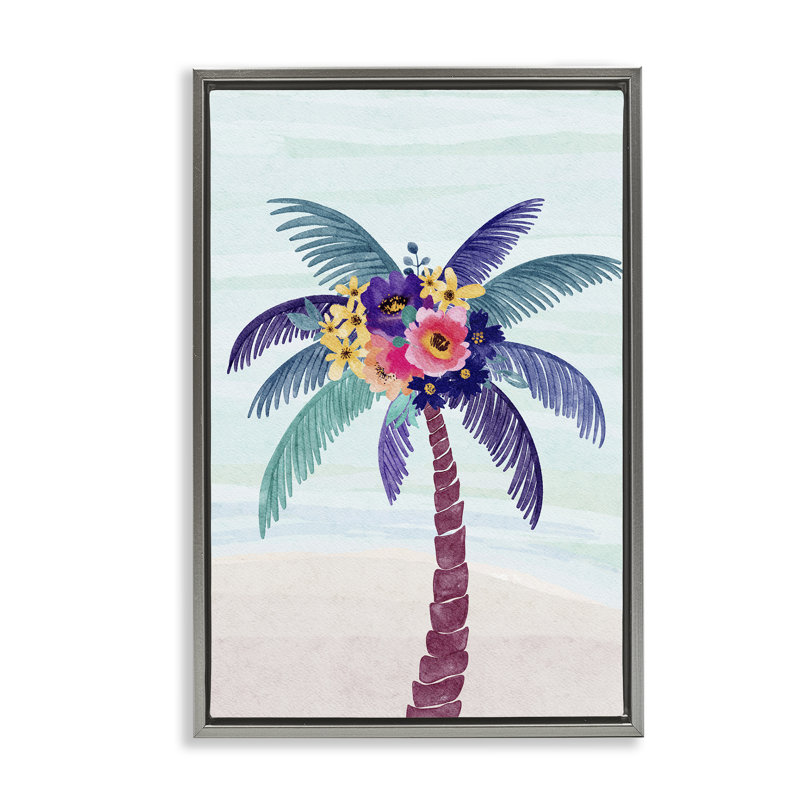 Toile flottante florale Palm Tree Beach par JJ Design House LLC, Cadre flottant gris lustré, H 25 po x l 17 po