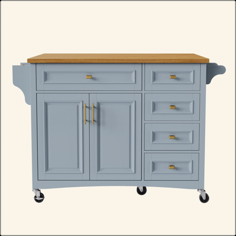 Kitchen Island With Drop Leaf, Embossed Texture Kitchen Island On Wheels With Spice Rack, Towel Rack, 2 Doors And 5 Drawers, Kitchen Storage Cart With Adjustable Shelf For Kitchen