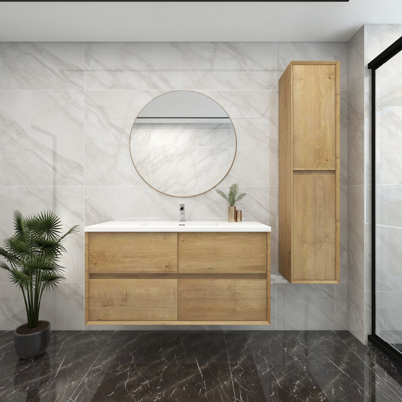 Meuble-lavabo mural simple 48 po, Teck chêne