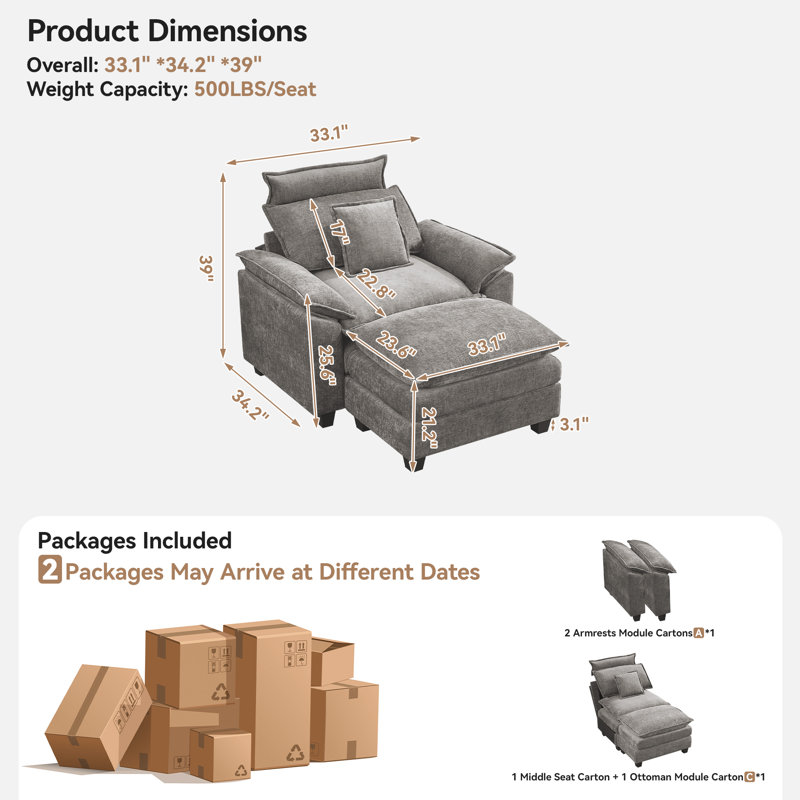 Fauteuil surdimensionné en chenille l 46 po avec repose-pieds, Gris
