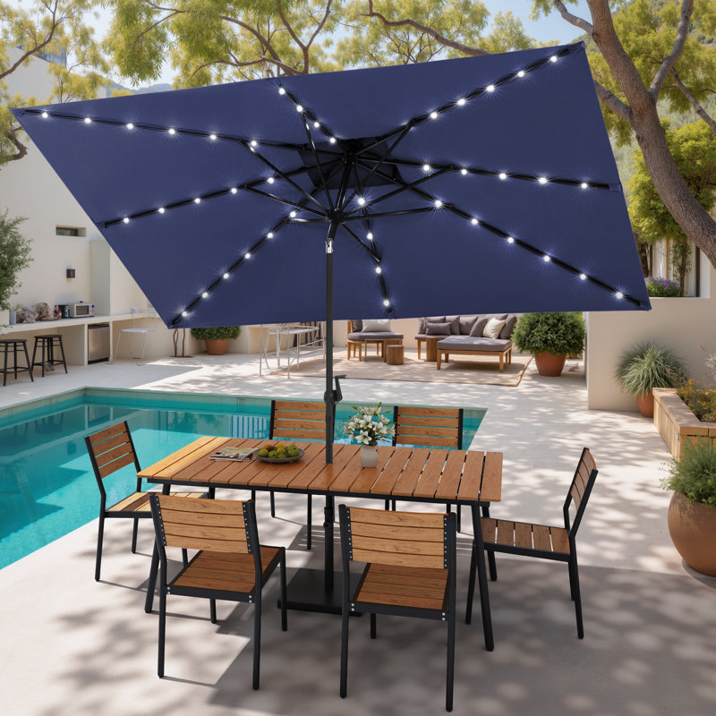 Ensemble repas pour 6 personnes en aluminium avec chaises empilables, parasol solaire à DEL et base lestée, Navy, Brown