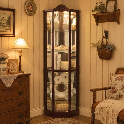 Armoire vitrée d'angle lumineuse en verre, armoire à vin et bar sculptée avec tablettes réglables en verre, éclairage encastré inclus, finition cerisier foncé