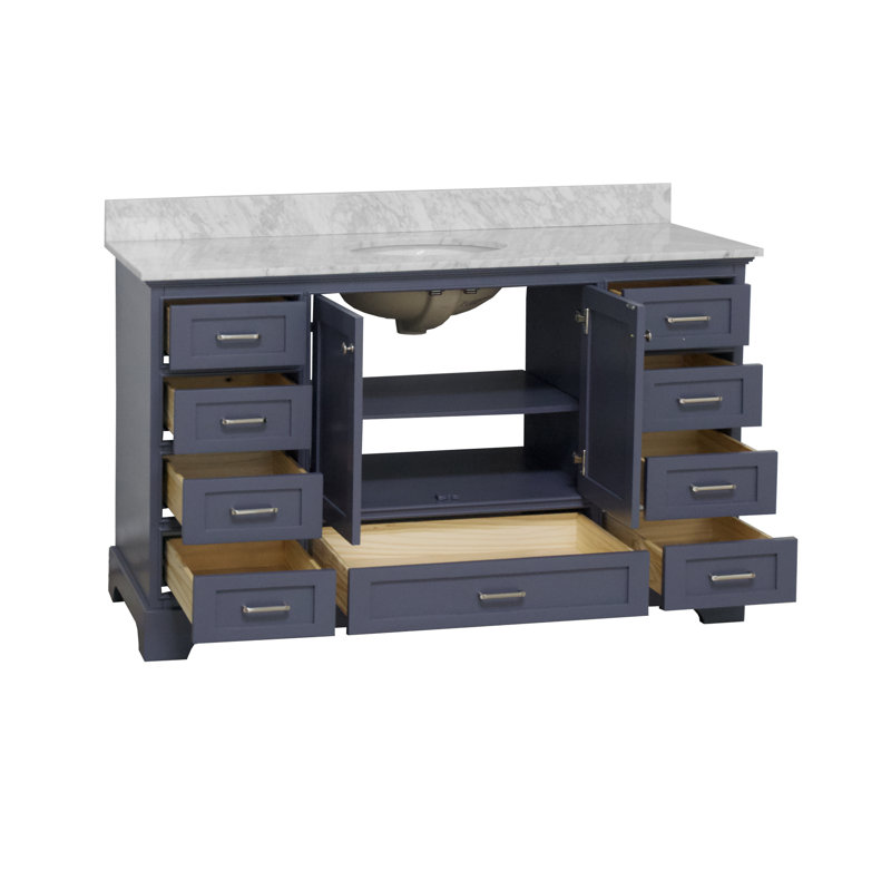 Ensemble de meuble-lavabo simple 60 po Larosa, Gris marine, Marbre de Carrare