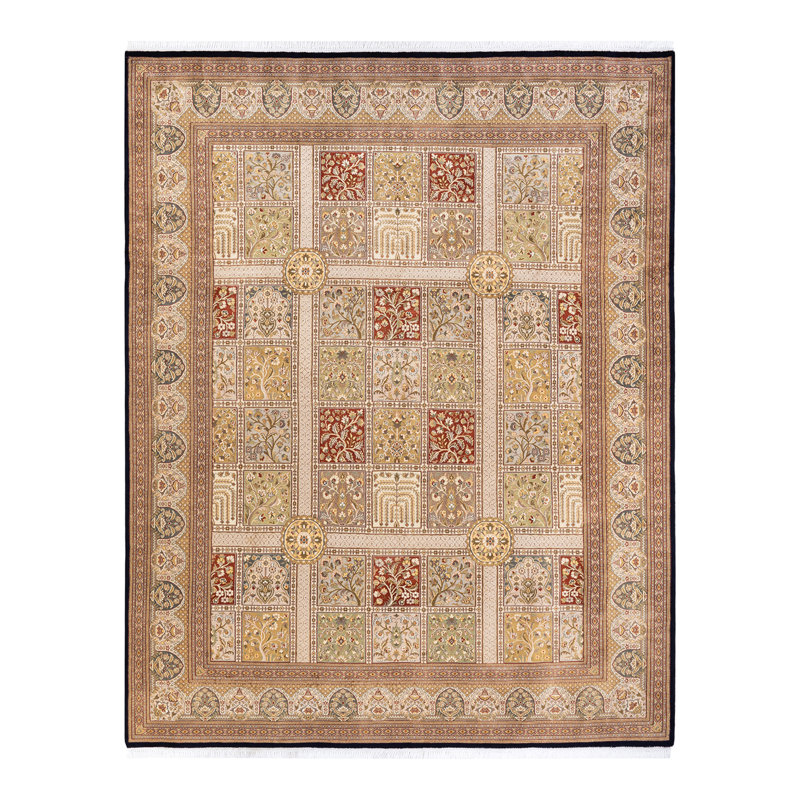 Tapis noir en laine noué à la main de conception unique 8 pi 3 po x 10 pi 4 po Hillar