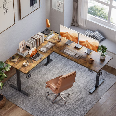 L-shape Electric Height Adjustable Standing Desk with Headphone Hook for Home Office,Desk With Memory Controller,Easy to Assemble