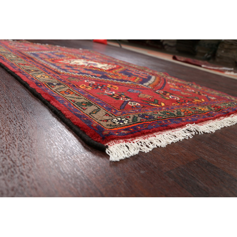 Tapis rouge en laine noué à la main de conception unique 3 pi 4 po x 4 pi 11 po Kairon