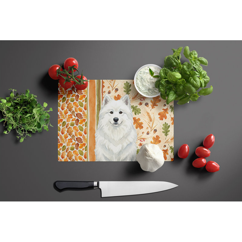 White Samoyed Heirloom Fall Glass Cutting Board