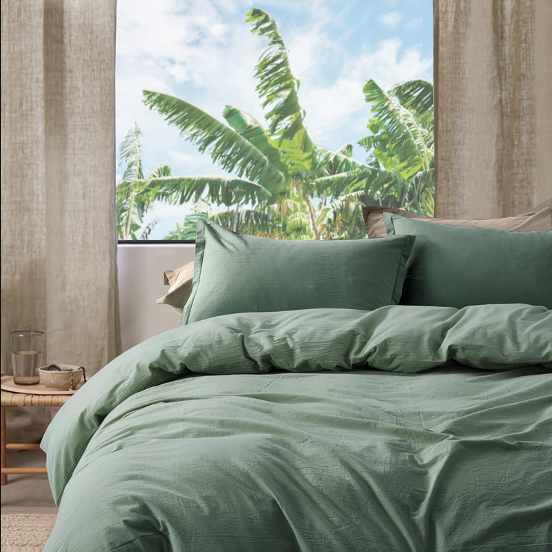 Stonewashed Cotton Solid Color Duvet Cover Set, Twin Duvet Cover + 1 Queen Shams, Smock Green