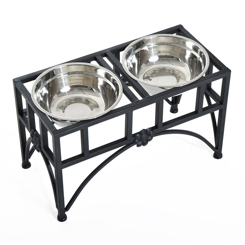 Elevated Double Stainless Steel Pet Feeding Station with Iron Frame