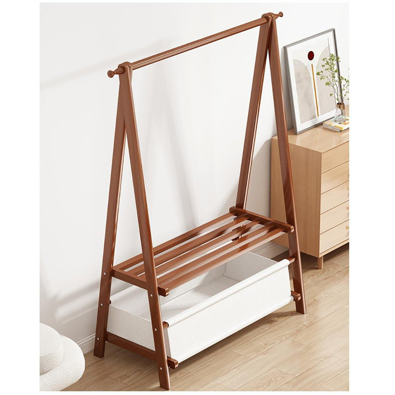 Finzel 46" W Clothing Garment Rack Clothes Rack Wooden with 2 Tier Shelves and Bag, Brown