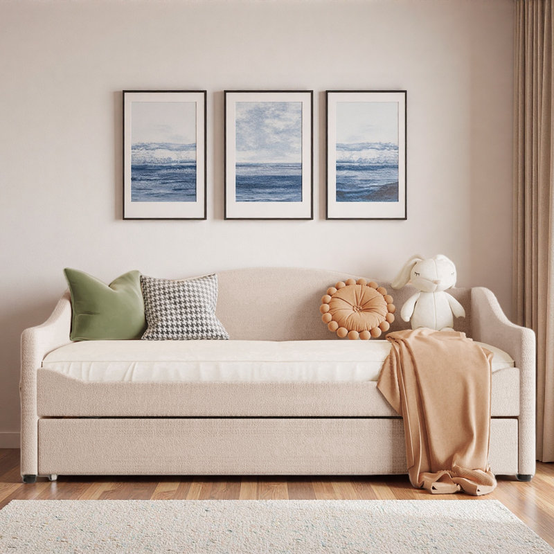 Upholstered Daybed With Led Light And Trundle, Beige, Twin