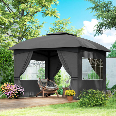 Gazebo featuring 11 x 11 ft, Neutral Grey, Dark Grey Galvanized Steel and Polyester, and UV Curtains