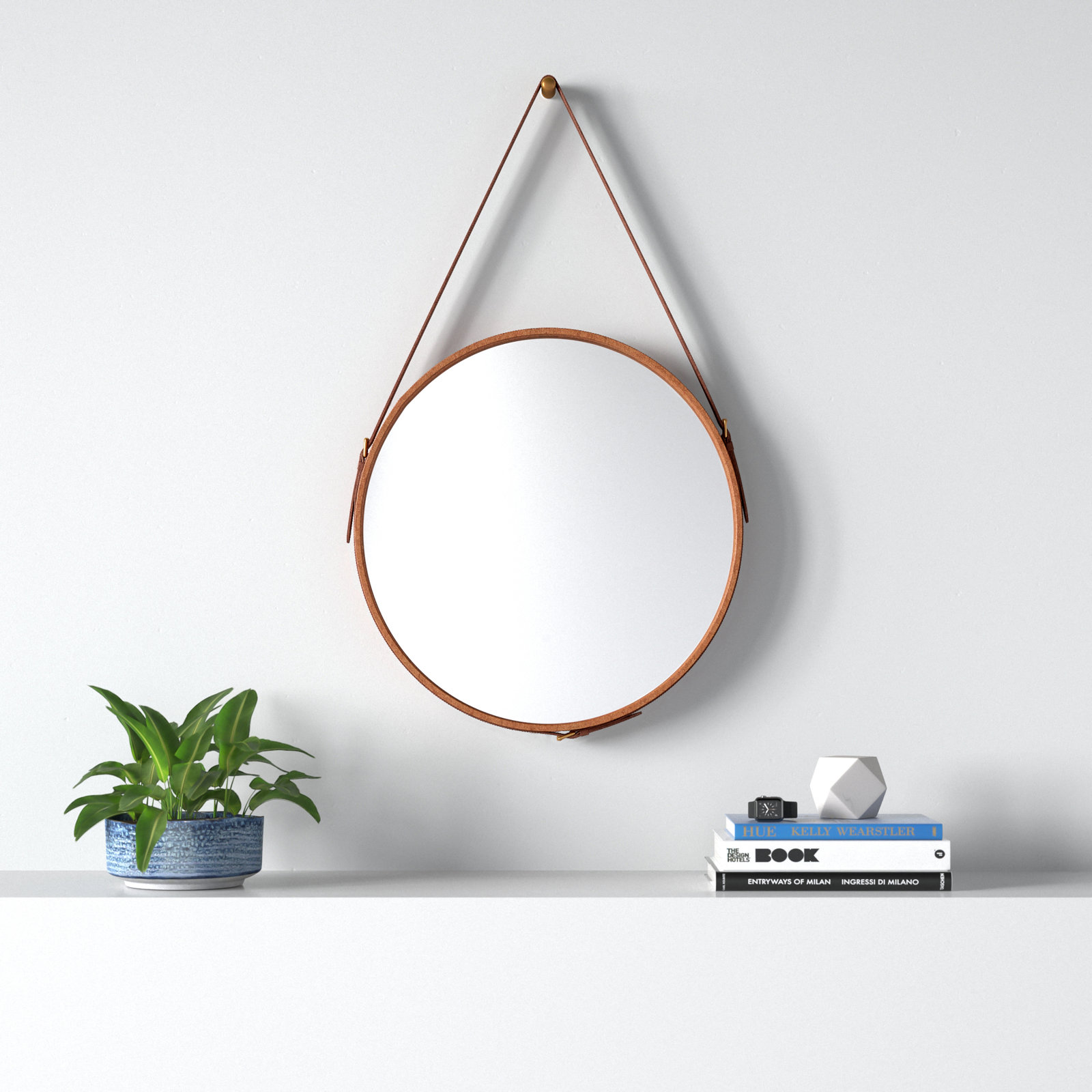 Leather Strap Hanging Wood Wall Mirror, 26" x 26"