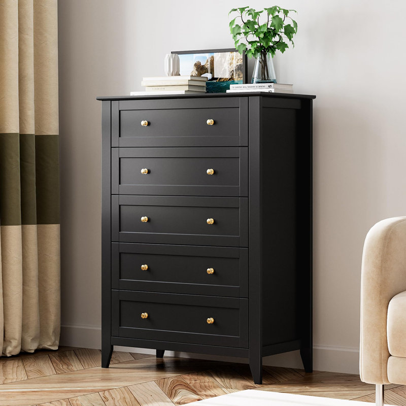5-Drawer Tall Dresser with Deep Drawers & Metal Knobs, Modern Wood Chest, Black