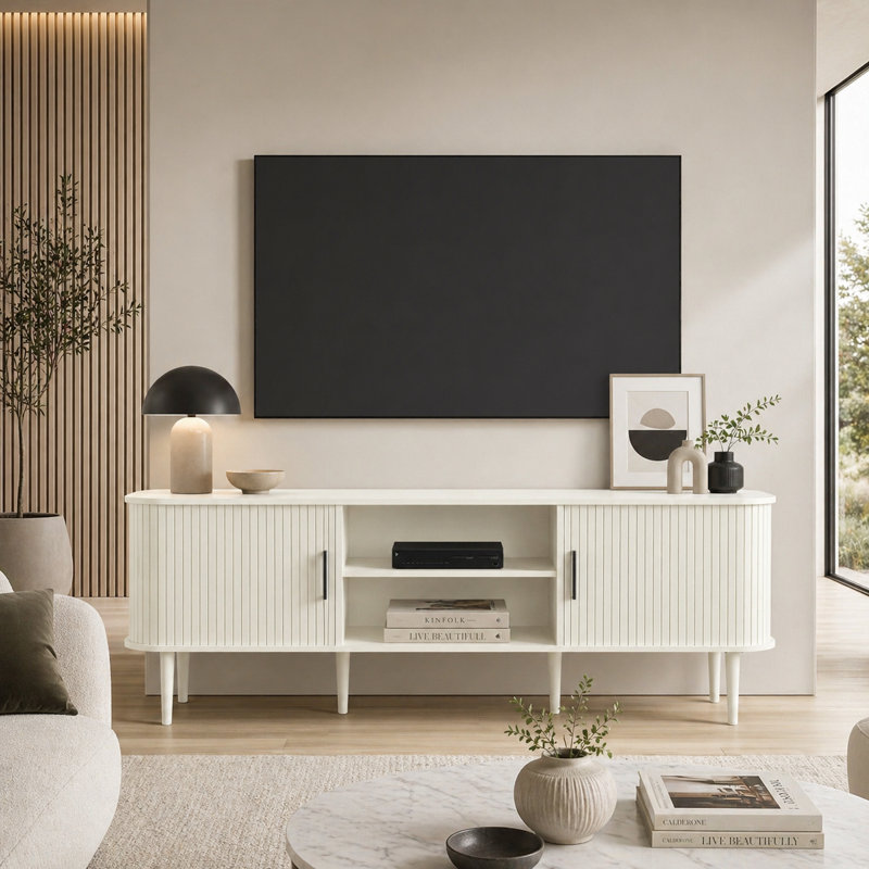 Aguilera 67.7" W Mid Century Modern TV Stand with Storage and Shelves to fit up to 75" TVs, White Oak