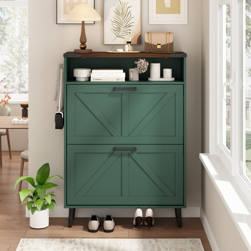 Flip Door Shoe Storage Cabinet with Adjustable Shelves, Green, 2