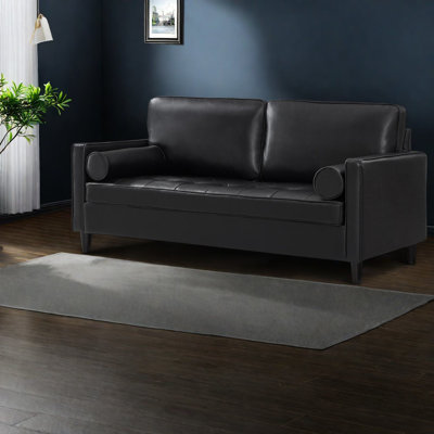 Modern Sofas, Black PU Leather 3 Seat Wood Frame for Home Family