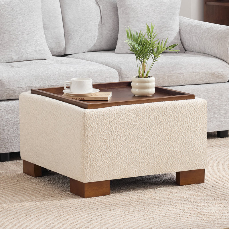 23.2" W Upholstered Square Storage Ottoman with Wooden Tray, Beige Boucle, 15.4" H x 23.2" W x 23.2" D