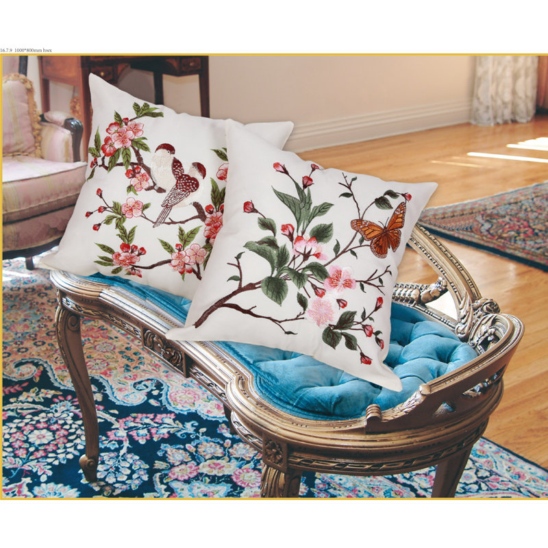 Mante Carlo Decorative Embroidered Bird Design Fine Burlap Throw Pillow