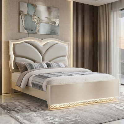 Flora Modern King Platform Bed with Upholstered Panel Headboard and Gold Trim Accents in Champagne