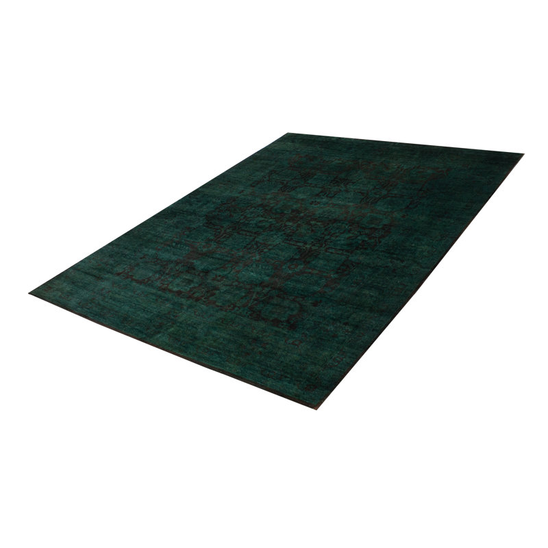Tapis vert foncé en laine noué à la main de conception unique 9 pi 0 po x 11 pi 10 po