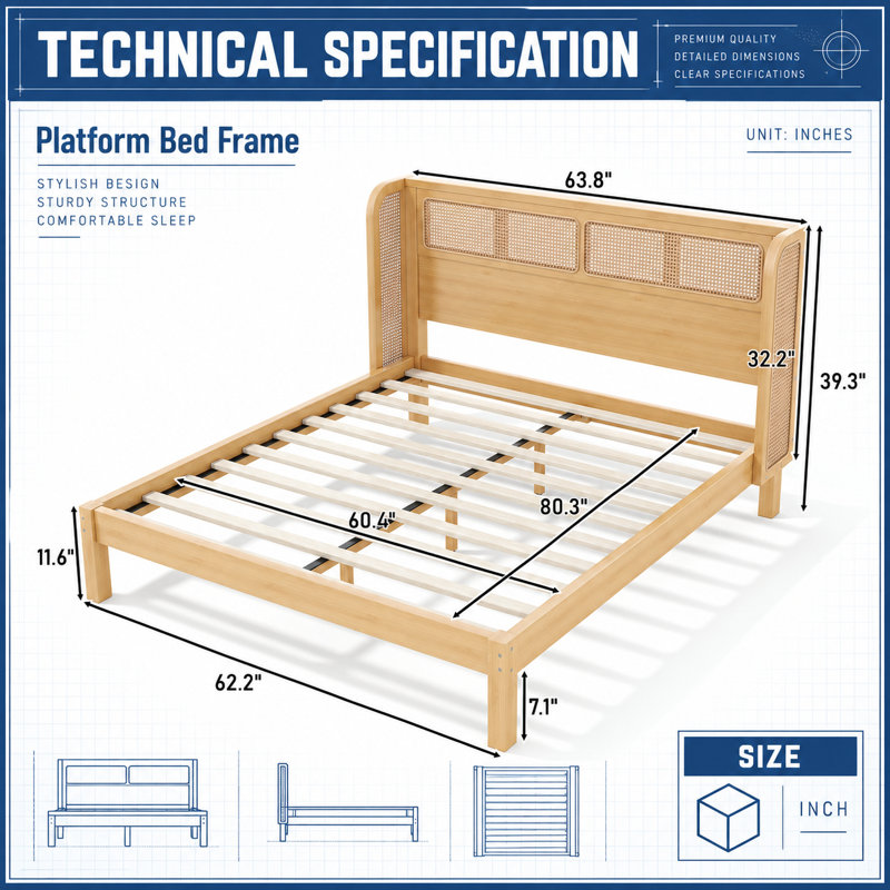 Queen Size Bamboo Wood Platform Bed Frame with Curved Semi-Circular Rattan Woven Headboard, Smooth Round Edge Low Profile Bed, Sturdy Slat Support