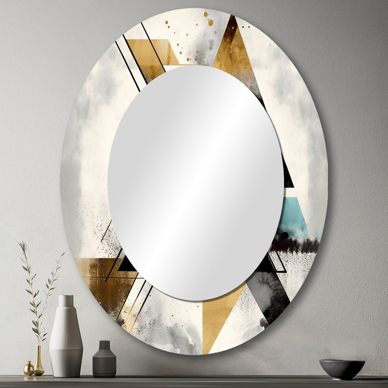 Green Triangle Boho III - Abstract Oval Decorative Mirror On Metal, 43" x 33"