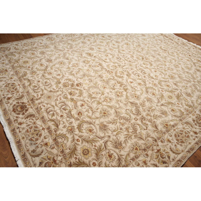 Tapis beige en laine noué à la main de conception unique 9 pi x 12 pi