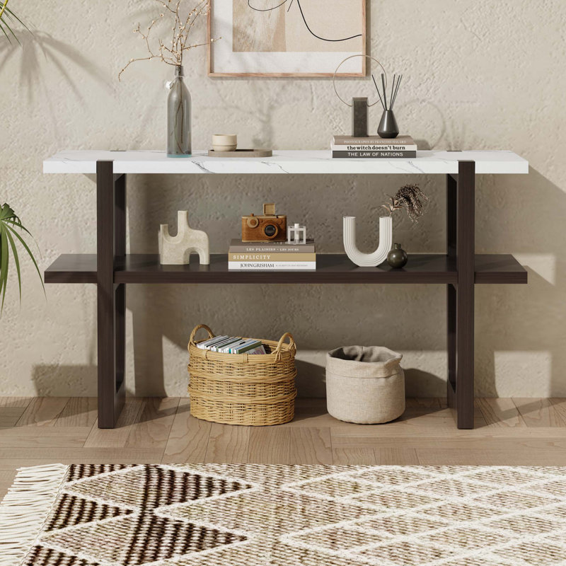 Narrow Console Table with Marble-Effect Top, Retro Entryway Table with Open Shelf, Sofa Table for Entryway, Hallway and Living Room