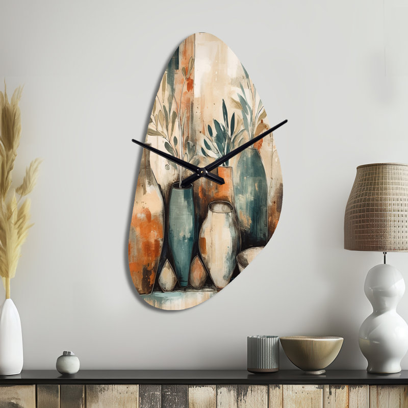 Orange et vert canalisant les vibrations bohémiennes - horloge murale en métal de forme irrégulière plume Boho, impression d'horloge murale asymétrique orange