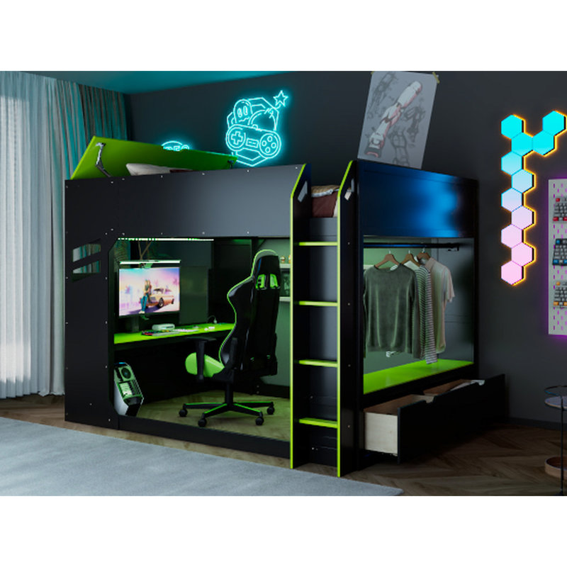 Lit mezzanine double avec bureau à hauteur réglable, lumières et tringle à rideaux Idéal pour les jeux Tête de lit avec rangement en bois, chambres pour adolescents